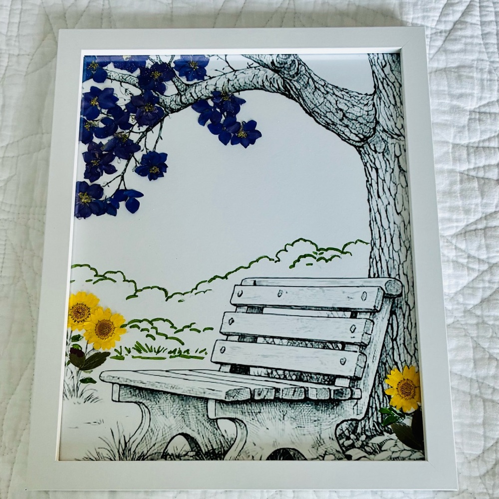 White Framed Garden Bench Wall Art With Pressed Flowers